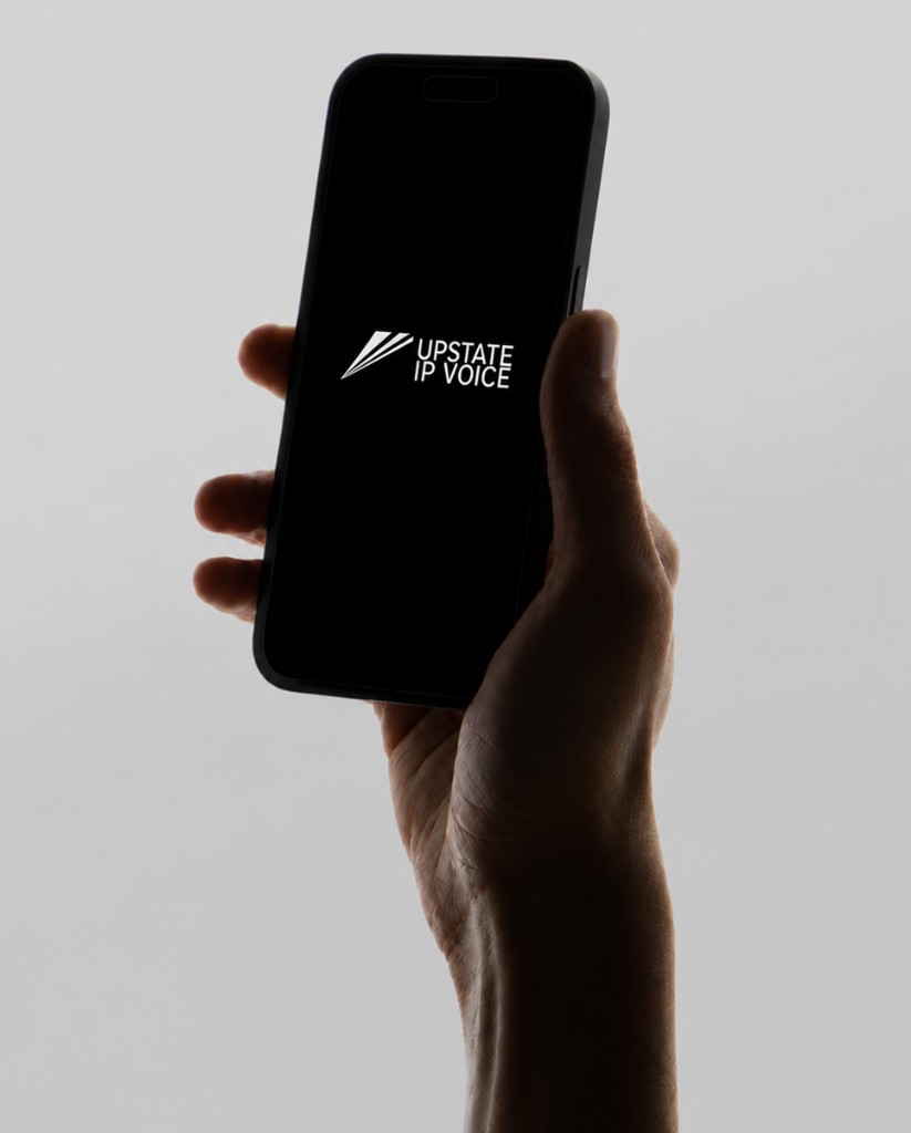 Hand holding a smartphone displaying the Upstate IP Voice logo