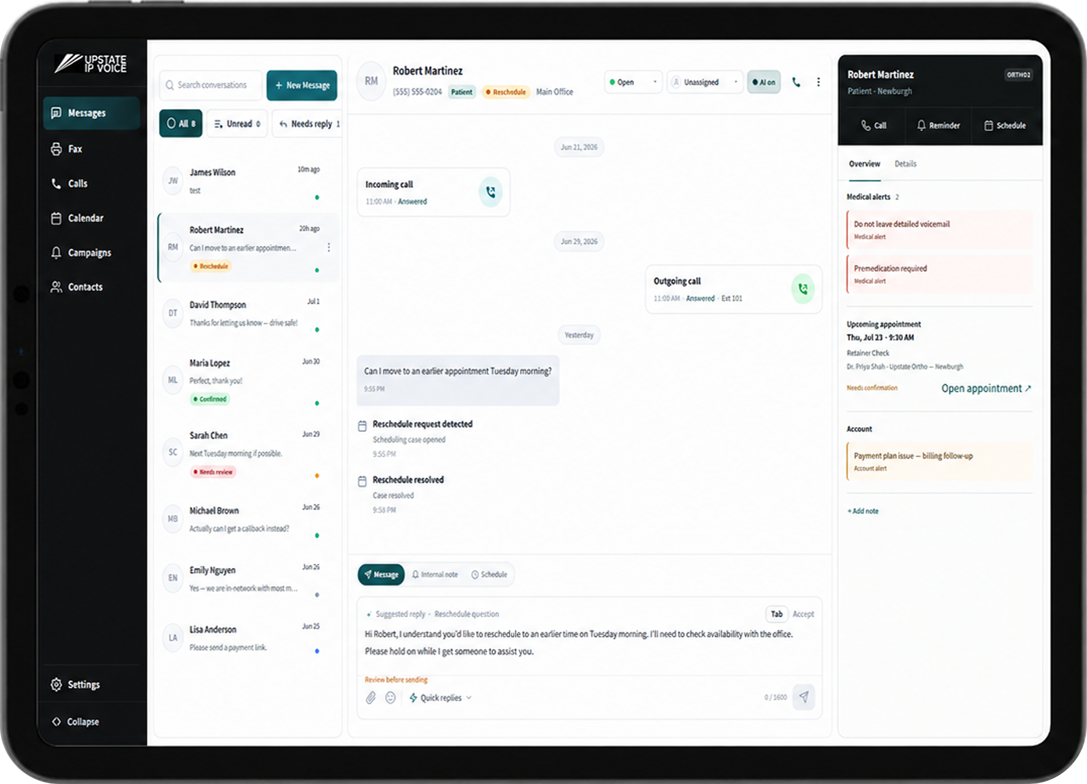 Upstate IP Voice dashboard on a tablet