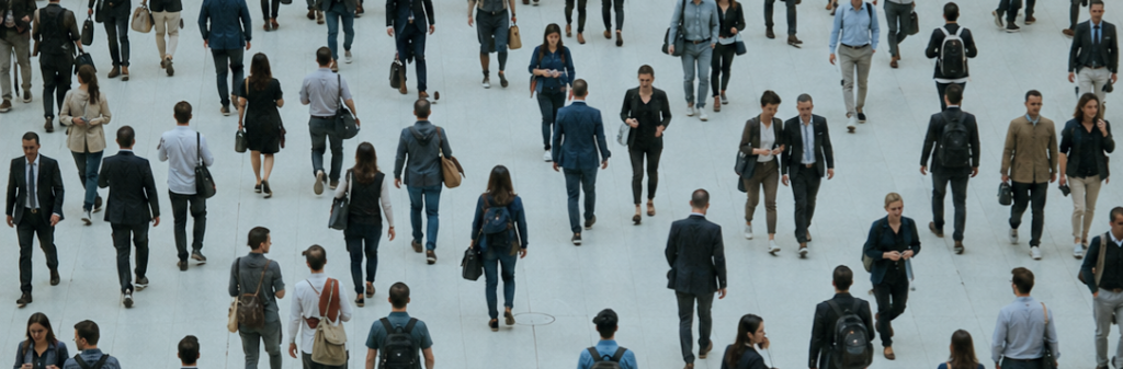 Overhead view of professionals walking through a busy business concourse