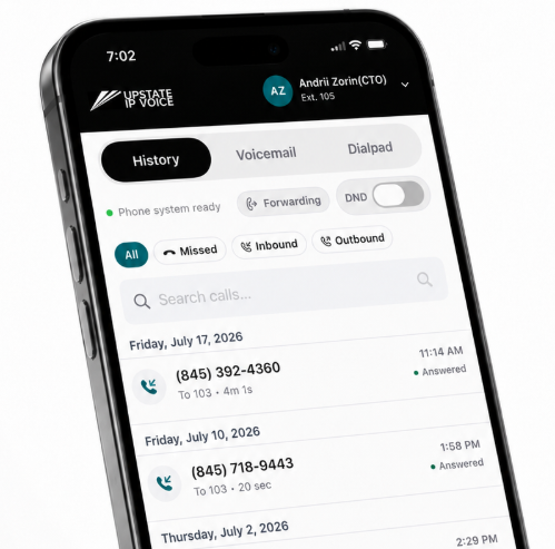 Upstate IP Voice mobile app call history screen