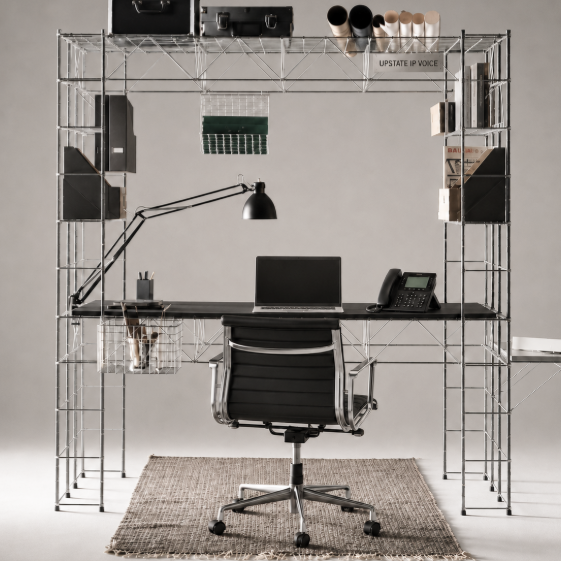 Business communication setup in office and remote workspace